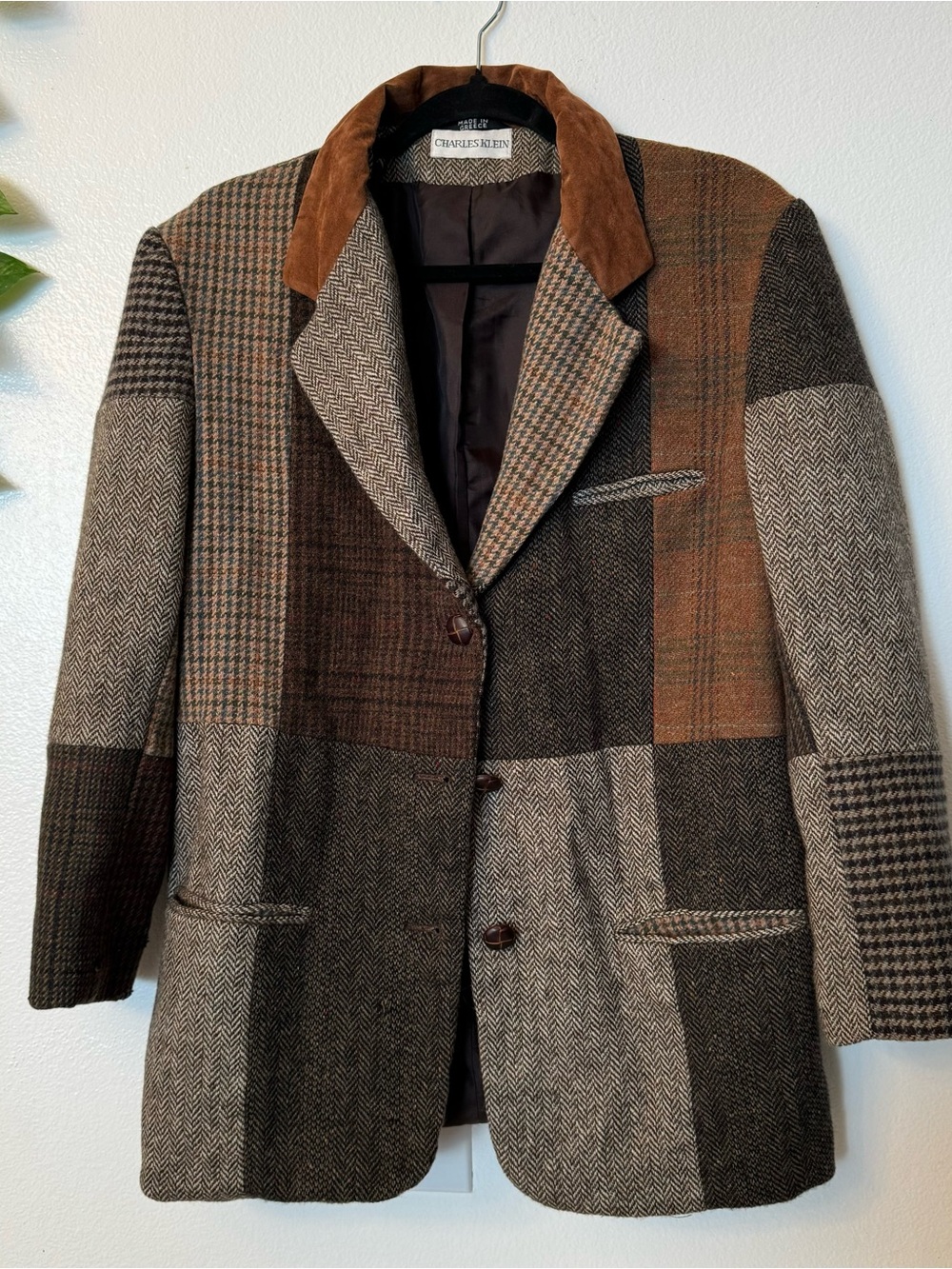 Vintage 1980s Charles Klein Patchwork Tweed Blazer Jacket Suede Collar Size 10